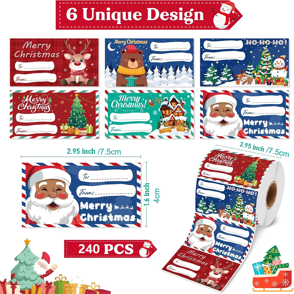 A collection of six unique Christmas design gift tags and stickers featuring festive holiday themes