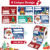 A collection of six unique Christmas design gift tags and stickers featuring Santa, reindeer, and festive holiday scenes.
