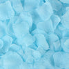 A close-up view of light blue artificial silk rose petals scattered on a surface.