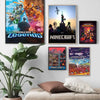 A collection of vibrant Minecraft themed wall art posters featuring various scenes and characters.
