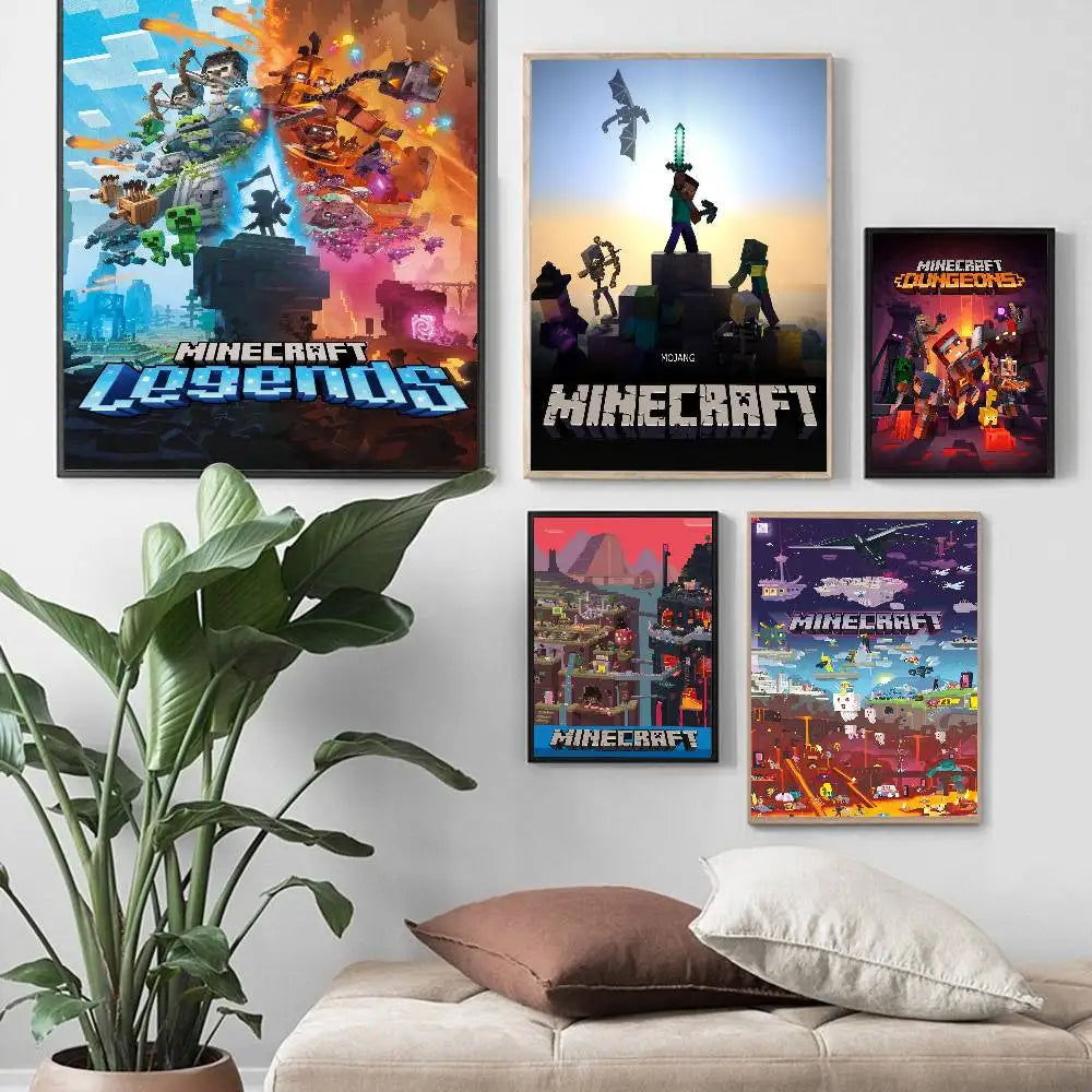 A collection of vibrant Minecraft themed wall art posters featuring various scenes and characters.