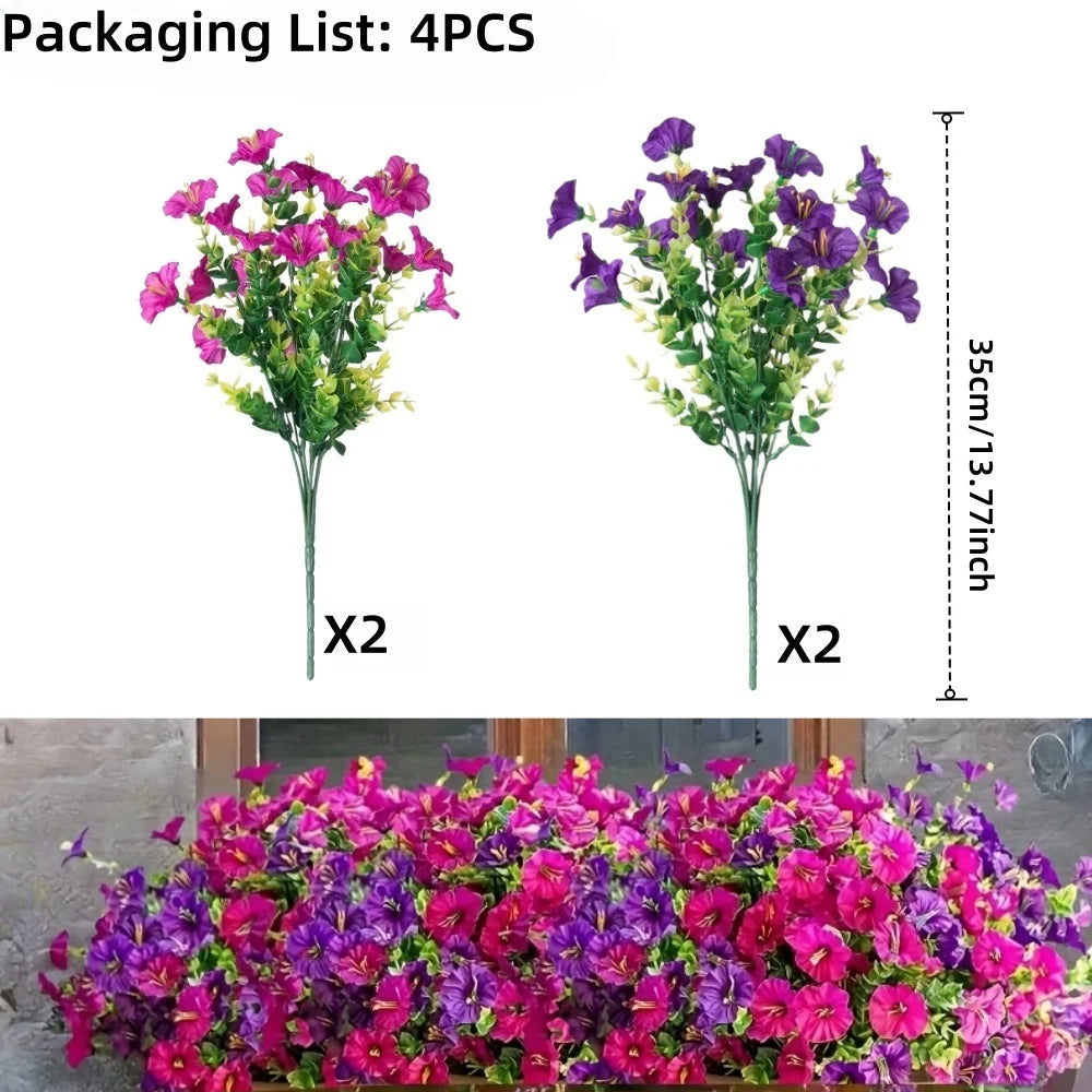 Two sets of artificial outdoor decorative flowers in vibrant purple and pink colors displayed in a wooden planter.