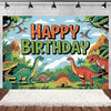A colorful cartoon dinosaur birthday party backdrop featuring various dinosaurs in a lush woodland setting.