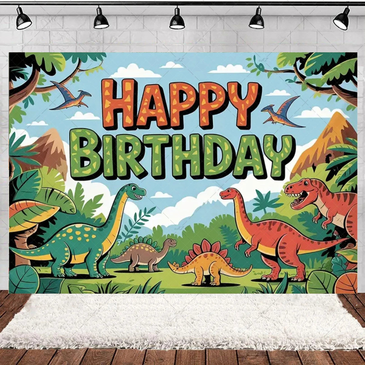A colorful cartoon dinosaur birthday party backdrop featuring various dinosaurs in a lush woodland setting.