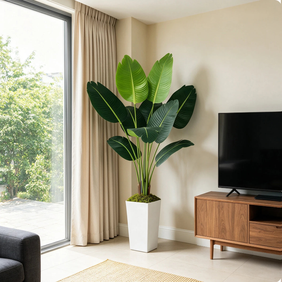 Artificial Bird of Paradise plant in a white planter on a wooden cabinet next to a large window.