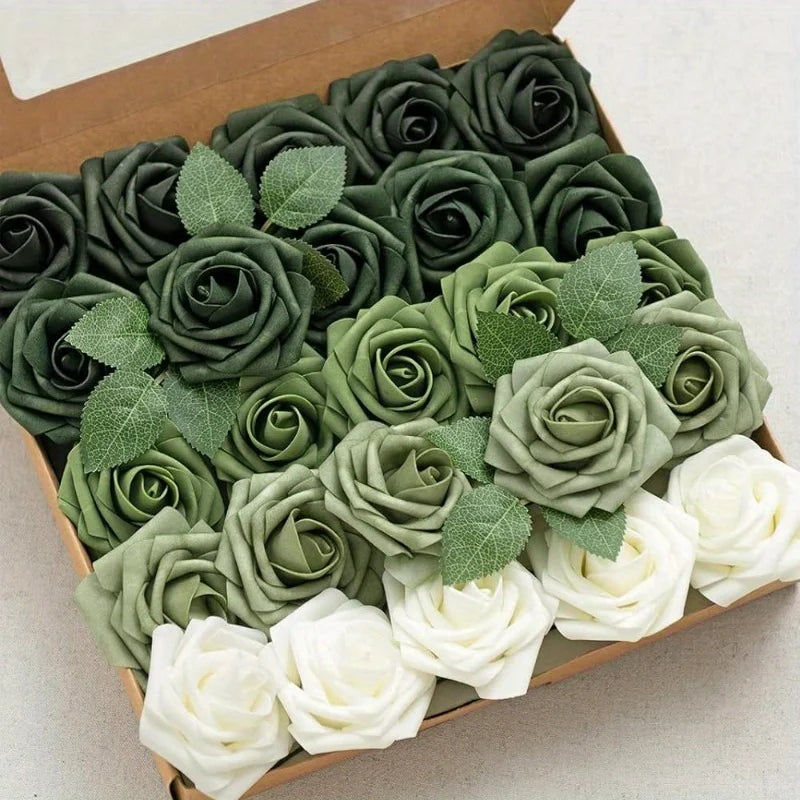 A collection of foam roses in forest green and white colors arranged in a cardboard box.