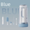 A white electric baby bottle cleaning brush with a clear storage case and various related tools shown against a blue backgrou
