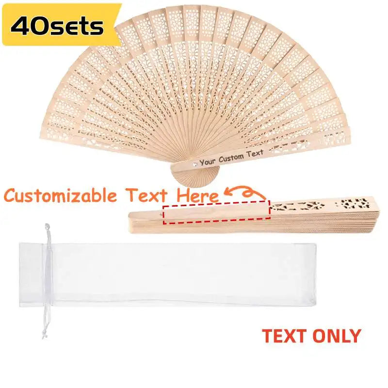 40 sets of customizable sandalwood folding fans with organza pouches