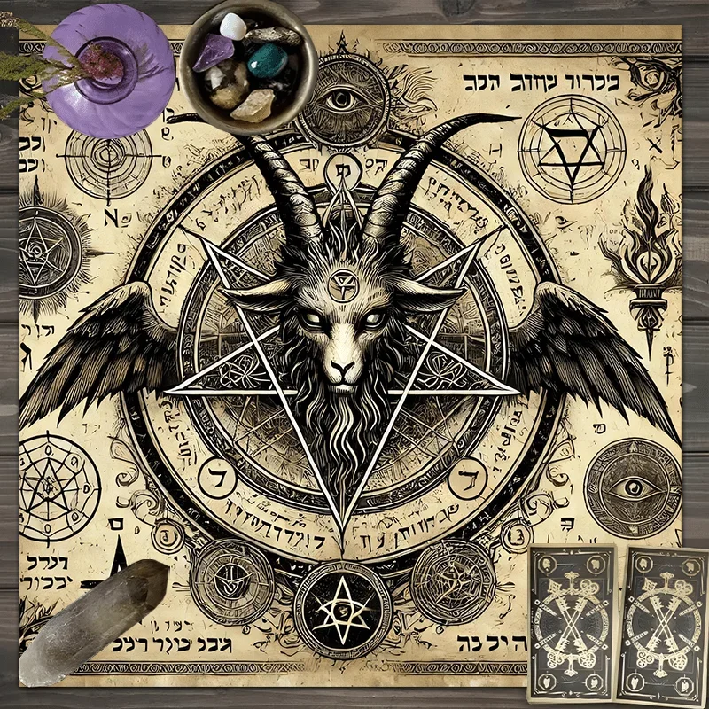 Occult pentagram tablecloth featuring intricate design with Hebrew runes and a ram's head.