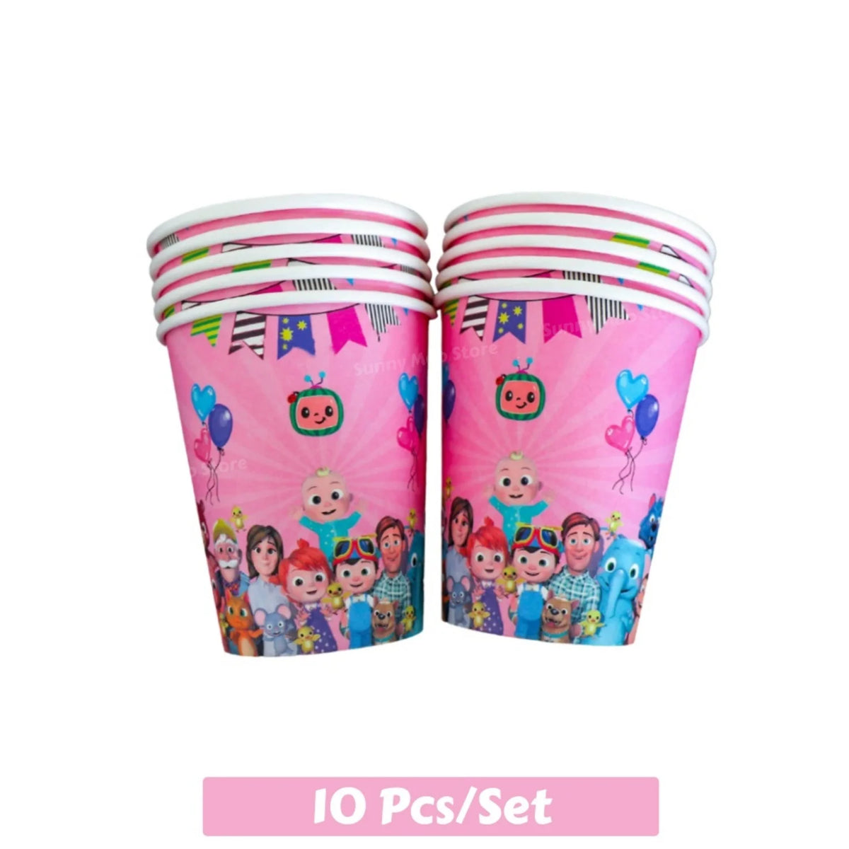 A set of ten pink paper cups with colorful decorations and balloons for a party kit