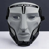 A gray and black tactical warden cosplay mask with a futuristic design.
