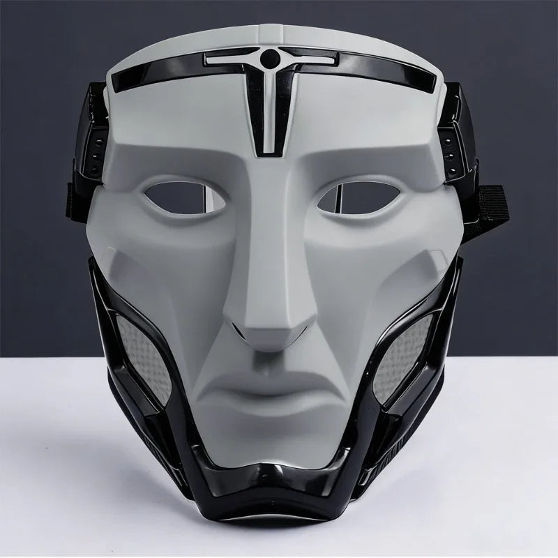 A gray and black tactical warden cosplay mask with a futuristic design.