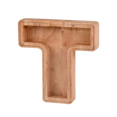 Wooden alphabet piggy bank coin box shaped like the letter T for kids