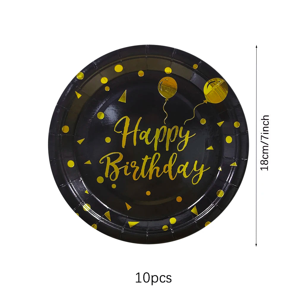 Black disposable dinner plate with gold confetti and Happy Birthday text