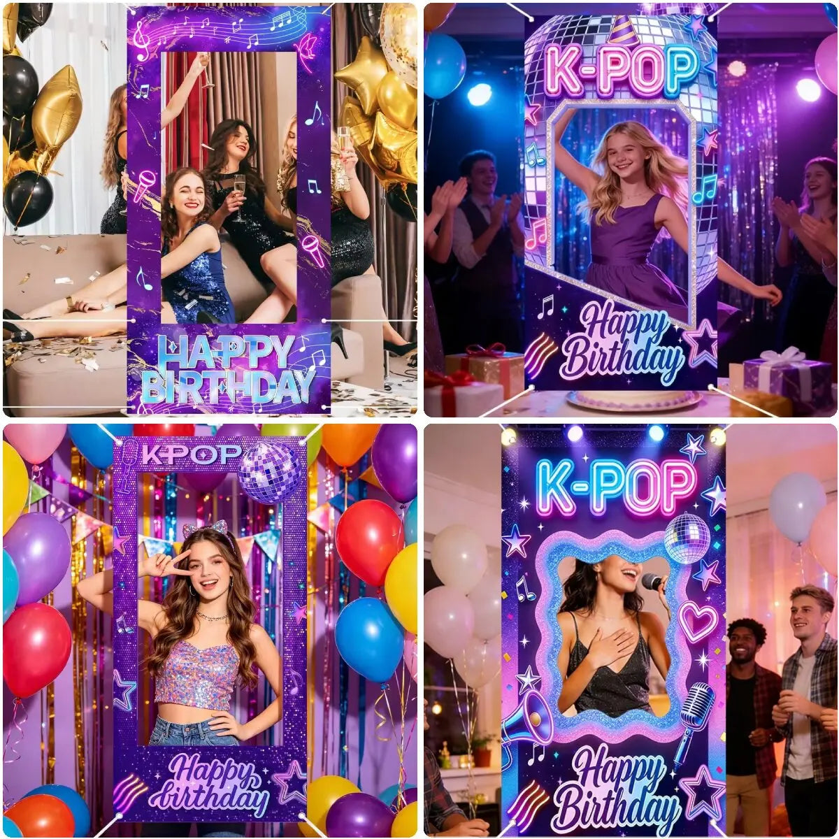 A collage of K-pop themed photo frame backdrops for birthday parties featuring women and balloons.