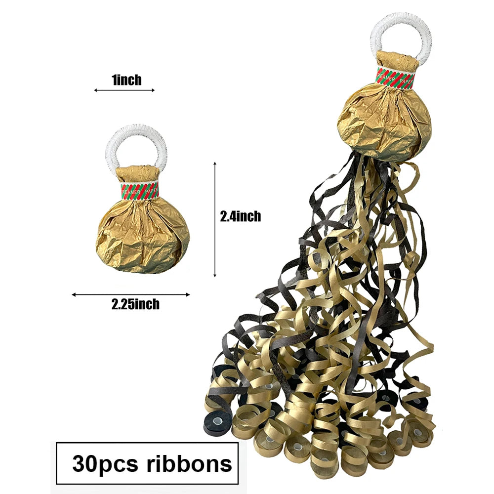A bundle of 30 gold and black ribbons with white rings for party decor.