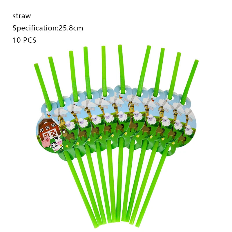 A green straw decoration kit with 10 pieces featuring a farm ranch theme for birthday parties.