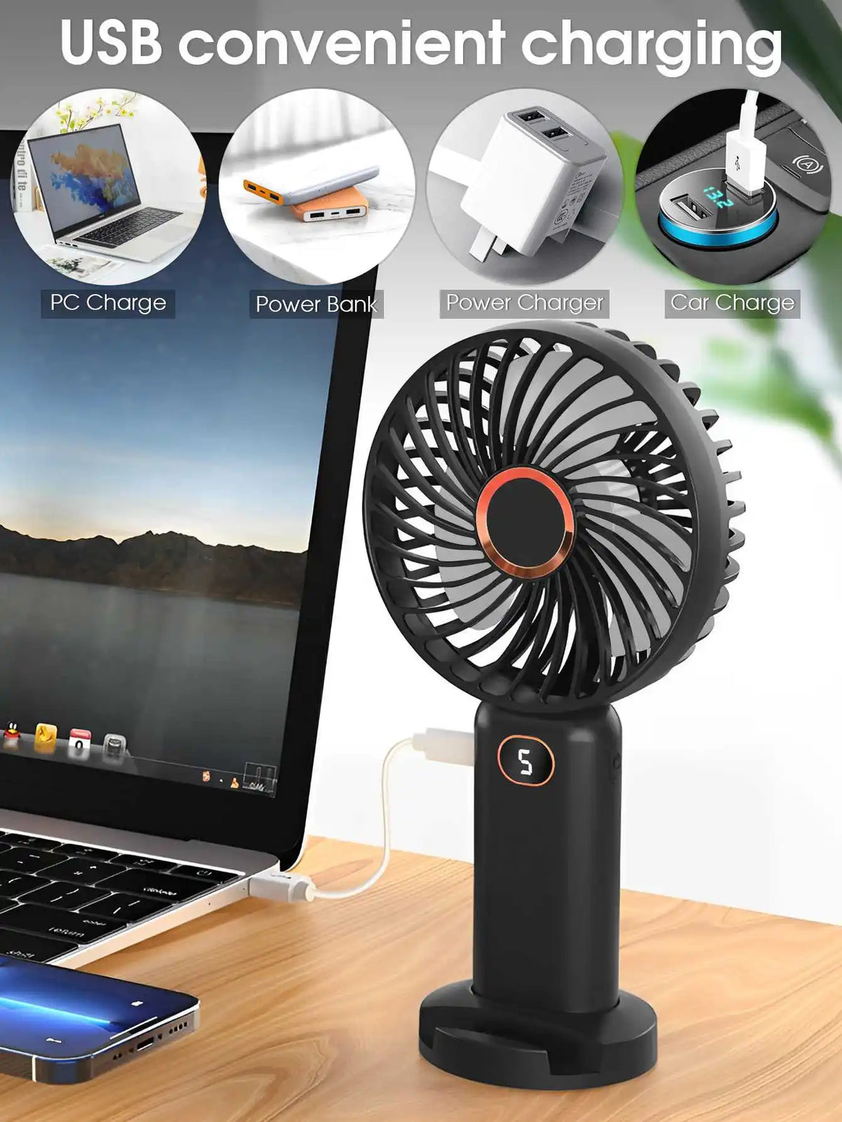 A portable rechargeable handheld fan with a digital display is shown next to various charging options.