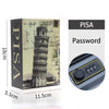 A black box labeled PISA with a password and a round lock mechanism for a classic book hidden safe.