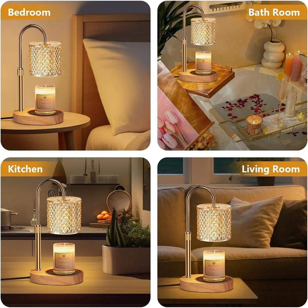 A set of adjustable heat candle warmer lamps displayed in a bedroom, bathroom, kitchen, and living room setting.