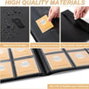A black trading card storage binder with multiple transparent protective sleeves and an elastic band.