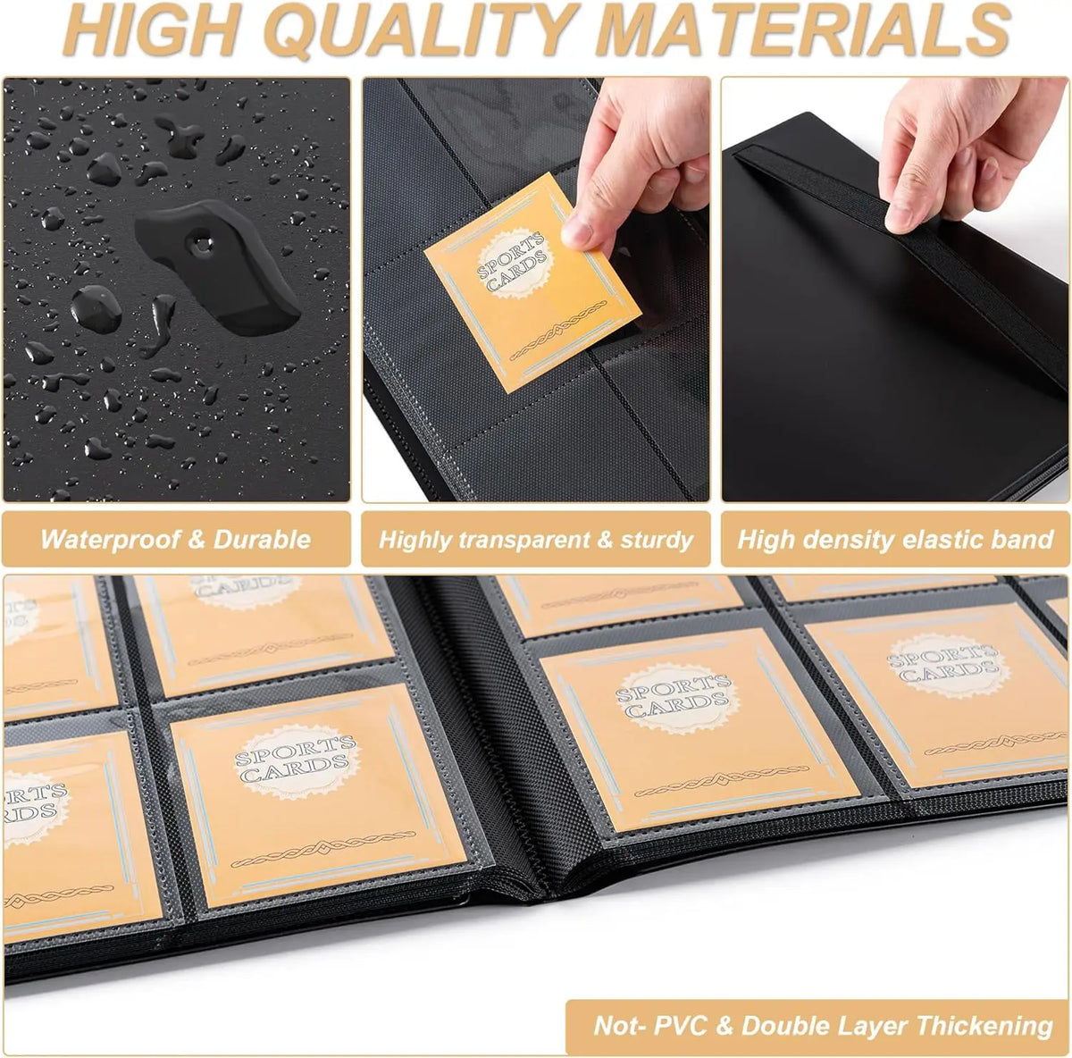 A black trading card storage binder with multiple transparent protective sleeves and an elastic band.