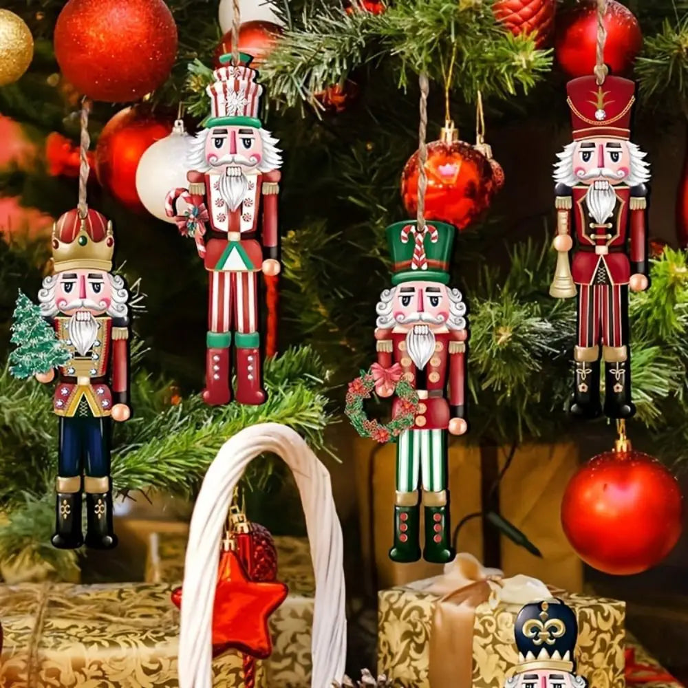 A collection of wooden nutcracker soldiers and ornaments hanging on a Christmas tree.