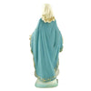 A pale statue of the Blessed Mother wearing a blue mantle and gold trim.