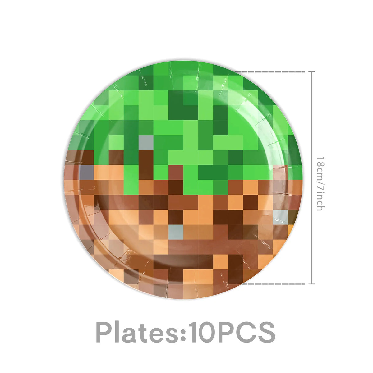 A green Minecraft-themed plate featuring a pixelated landscape design.
