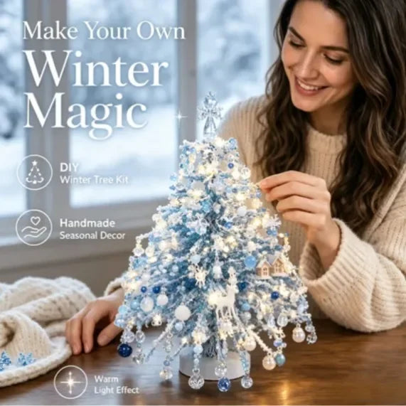 A woman is assembling a sparkling DIY winter tree kit featuring blue and white crystals and beads.