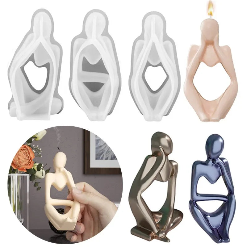 A set of abstract silicone molds in white and pink for resin art and crafting, shown alongside finished bronze and blue figur