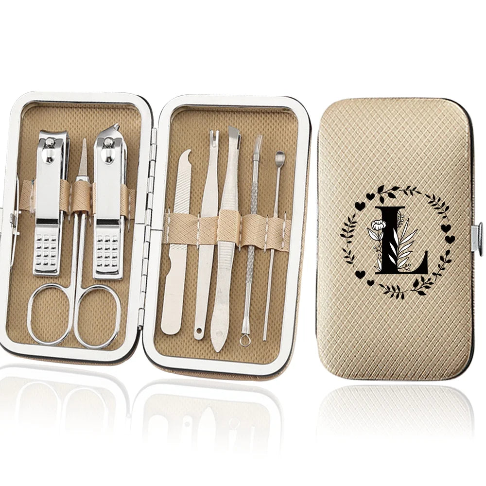 An open leather case displaying an 8-piece stainless steel manicure and pedicure kit with various tools.