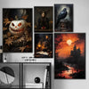 A collection of dark gothic wall art prints featuring skulls, bats, pumpkins, and castles.