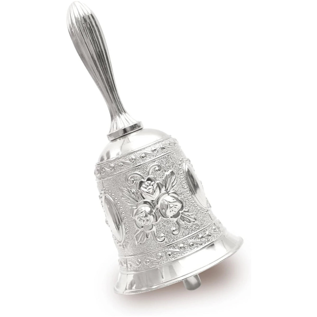 Ornate brass hand call bell with a silver-toned handle and decorative engraving.