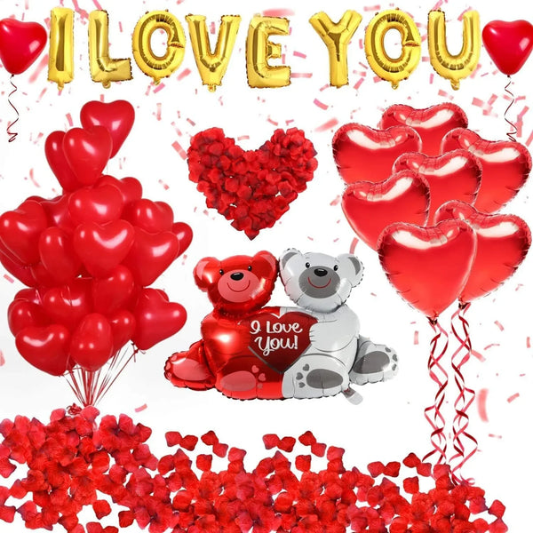 A set of red heart balloons, roses, and a teddy bear decoration for a romantic theme.