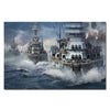 A dramatic painting of two historical battleships sailing through rough seas with smoke and spray.