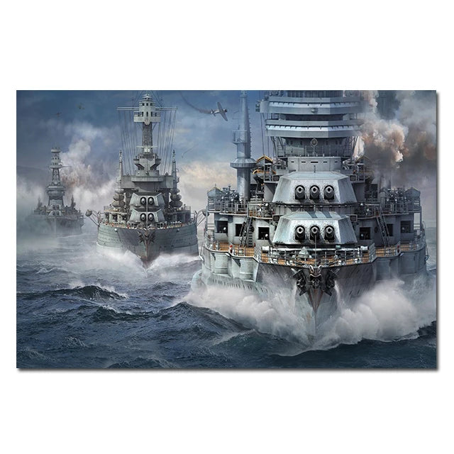 A dramatic painting of two historical battleships sailing through rough seas with smoke and spray.