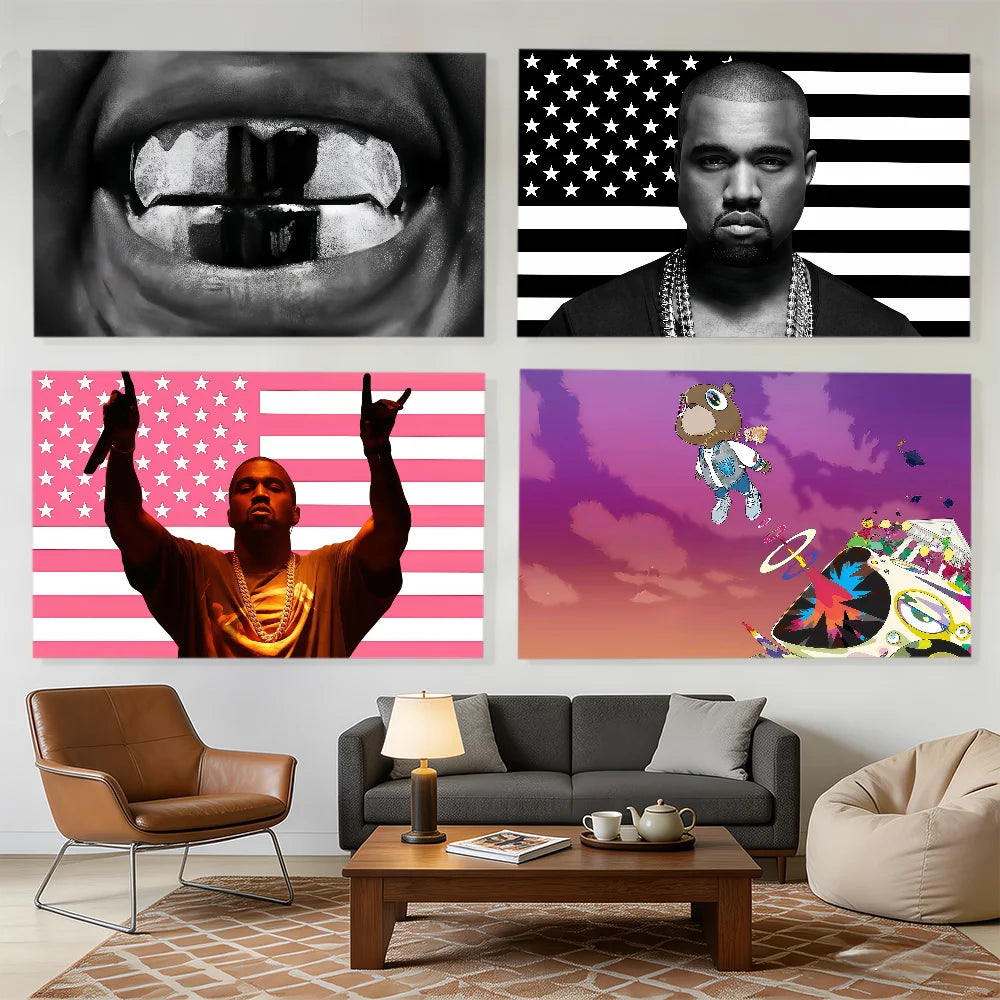 A collage featuring a close-up of an eye, a portrait of Kanye West, and abstract patriotic patterns.