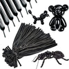 A collection of black twisting balloons and a black insect-shaped tool for party decor or DIY modeling.