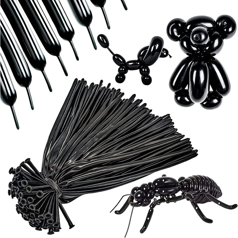 A collection of black twisting balloons and a black insect-shaped tool for party decor or DIY modeling.