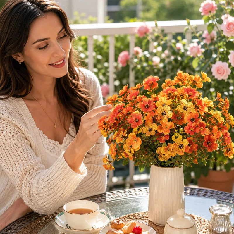 A woman holds a bouquet of vibrant artificial pansy flowers in an outdoor setting.