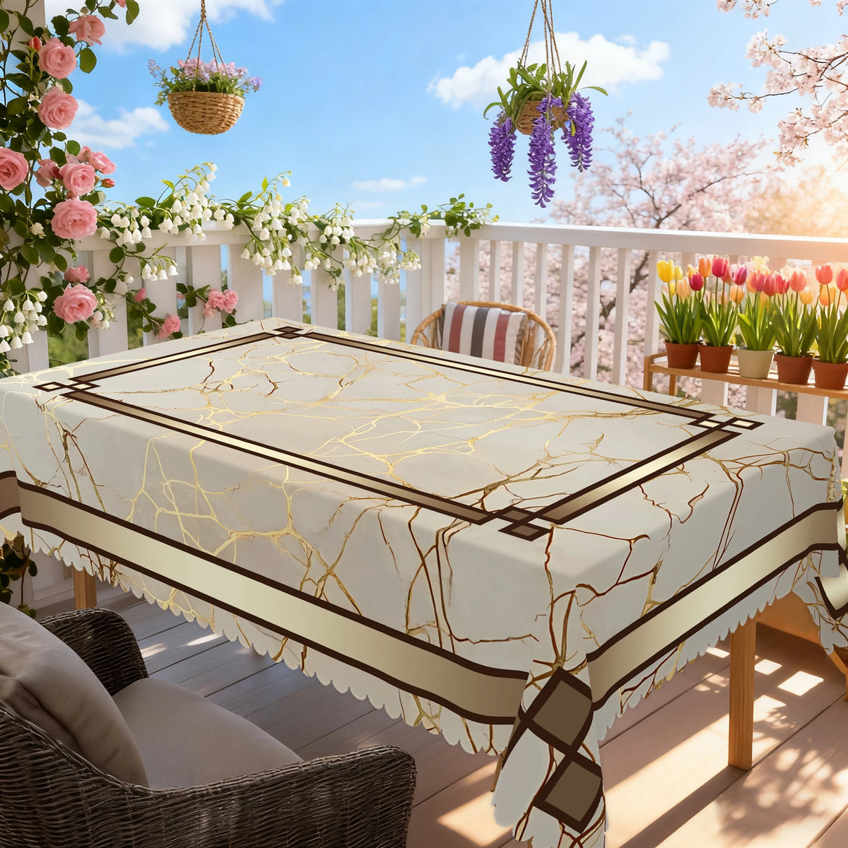 A beige tablecloth with gold marble veining and brown stripes is displayed on a wooden table outdoors.