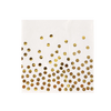 Juego de vajilla desechable blanco con lunares dorados.