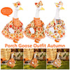 A fall porch goose outfit for a bird costume featuring an orange and white floral dress with a matching bow.