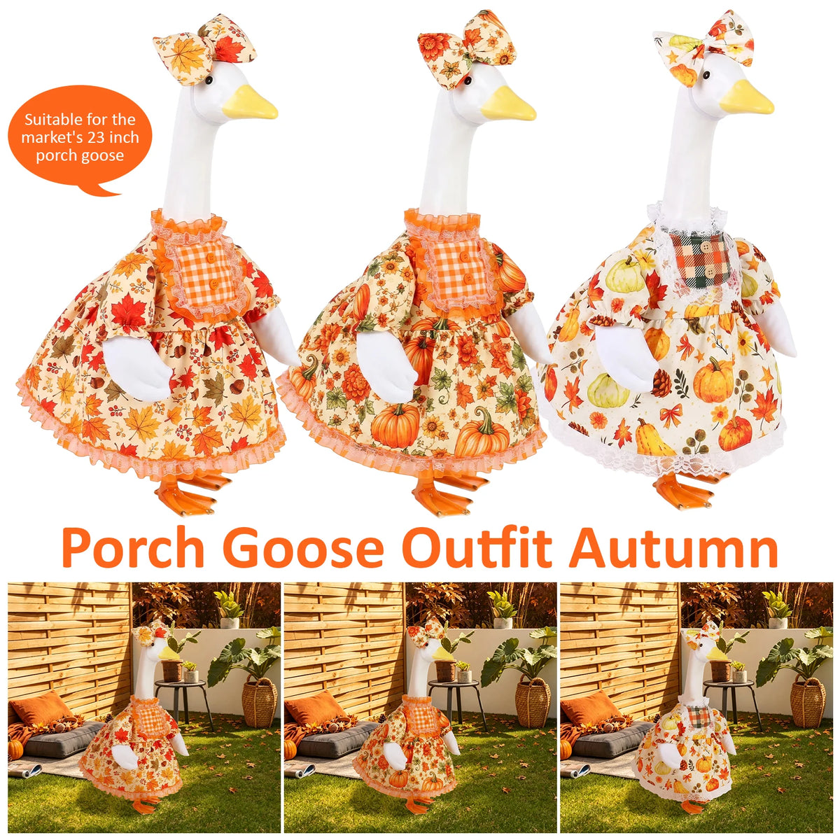 A fall porch goose outfit for a bird costume featuring an orange and white floral dress with a matching bow.