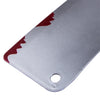 A silver knife prop with a blood-like red stain on the blade, featuring a hole for attachment.