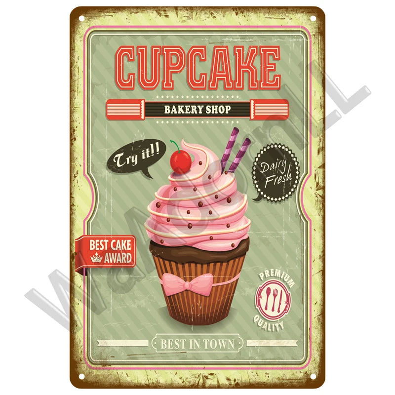 A vintage-style plaque for a cupcake bakery shop featuring the word CUPCAKE and awards.