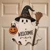 A wooden ghost door hanging featuring a witch hat and a broom, with the word welcome written on the body.