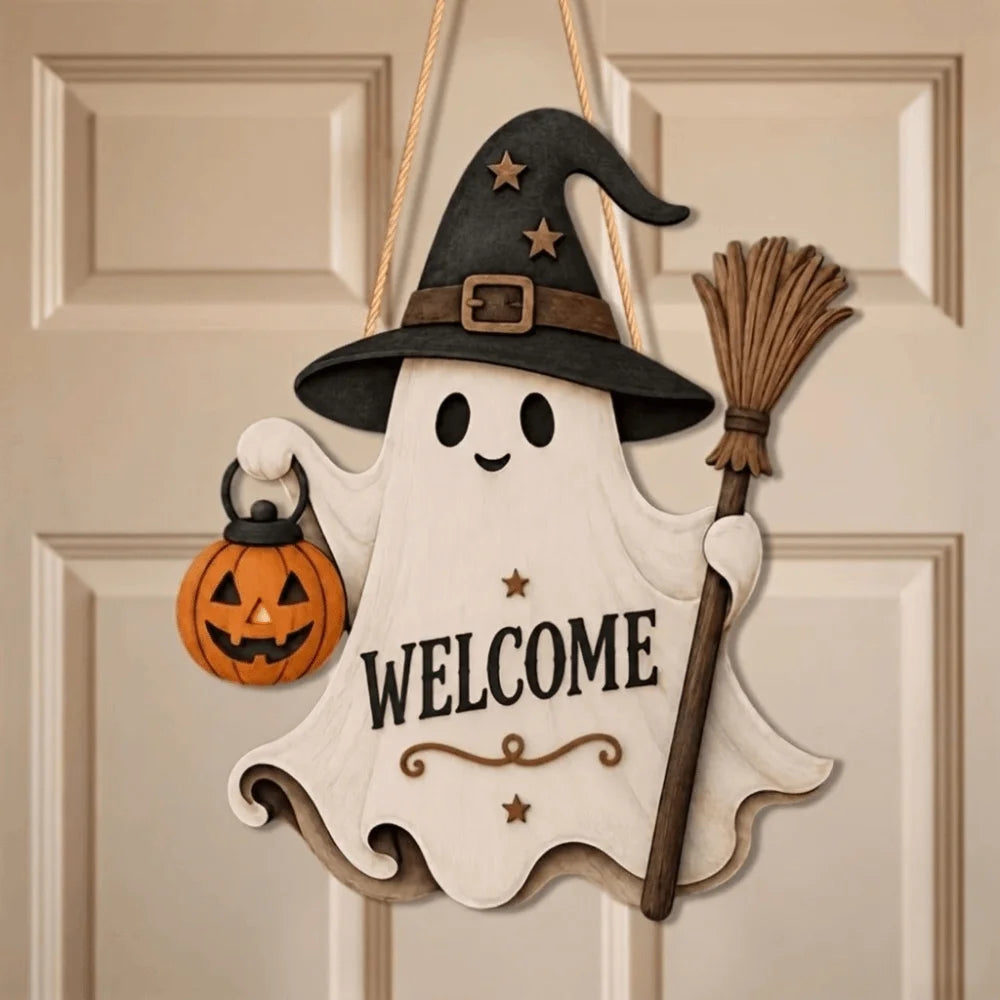 A wooden ghost door hanging featuring a witch hat and a broom, with the word welcome written on the body.