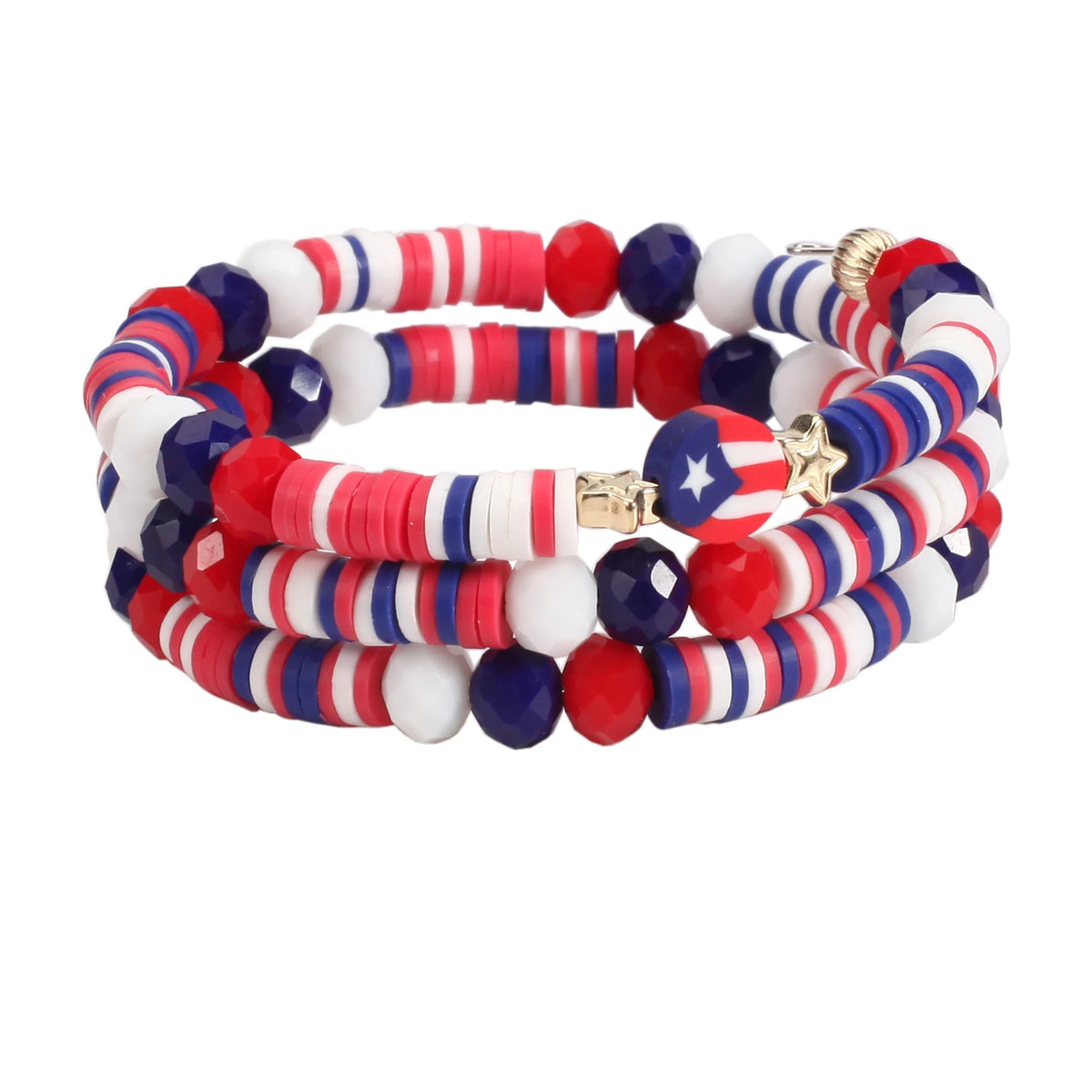 A set of patriotic American flag beaded stretch bracelets featuring red, white, and blue colors.